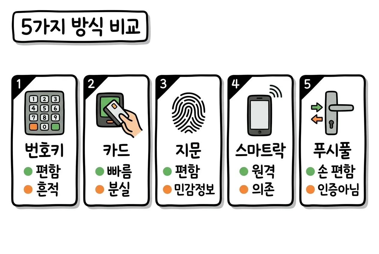 번호키·카드·지문·스마트락·푸시풀 다섯 인증 방식의 아이콘과 강점·안 맞는 상황 한눈 비교