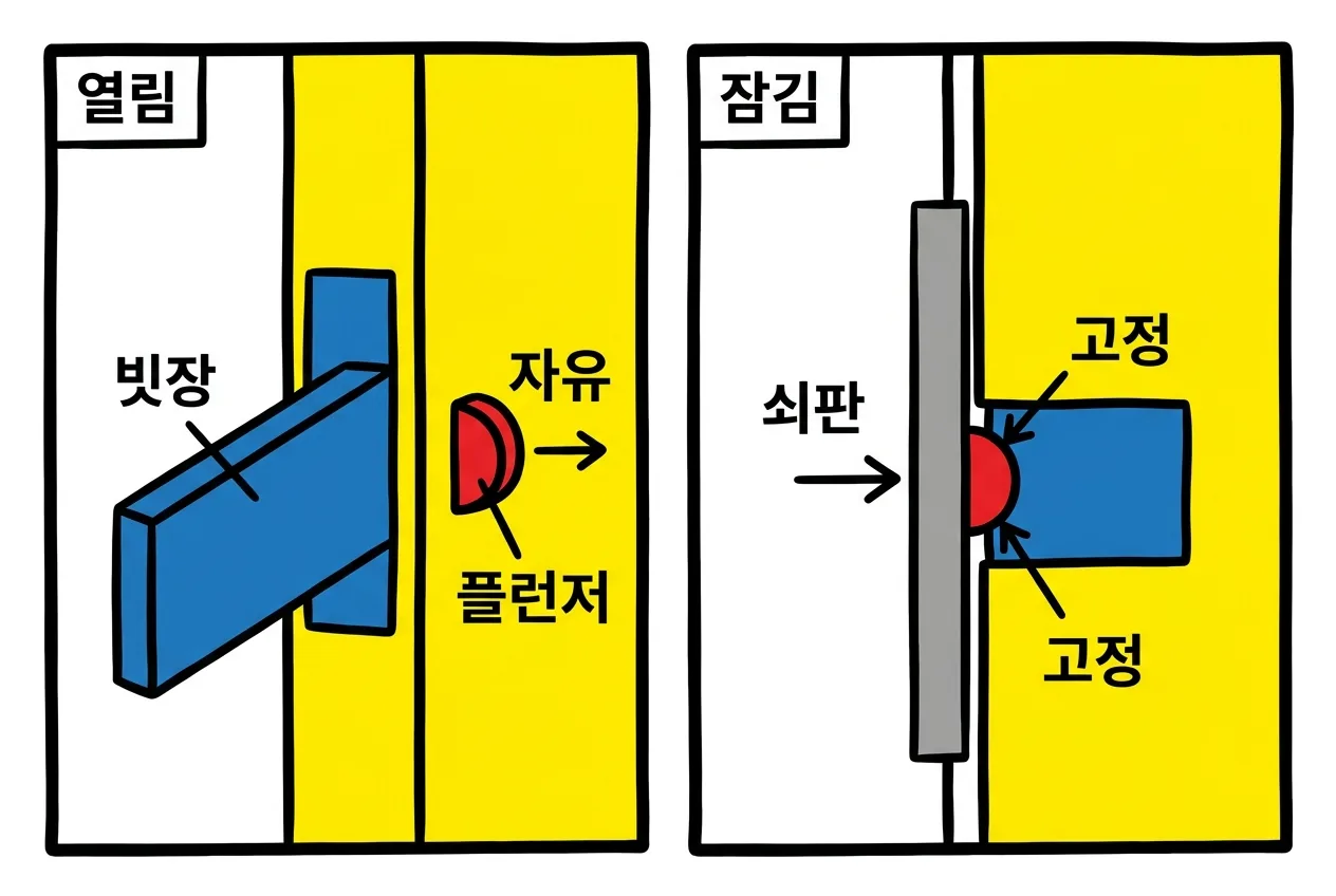 데드래치 원리 개념도로, 문이 닫히면 보조 플런저가 문틀 쇠판에 눌리고 그 플런저가 메인 래치볼트가 밀려 들어가지 못하게 잠그는 과정