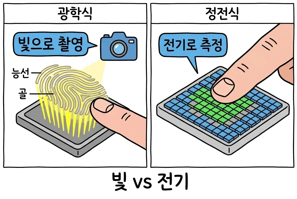 광학식은 빛으로 지문 명암을 촬영하고 정전식은 피부 접촉 전기용량을 측정하는 두 방식의 원리 비교
