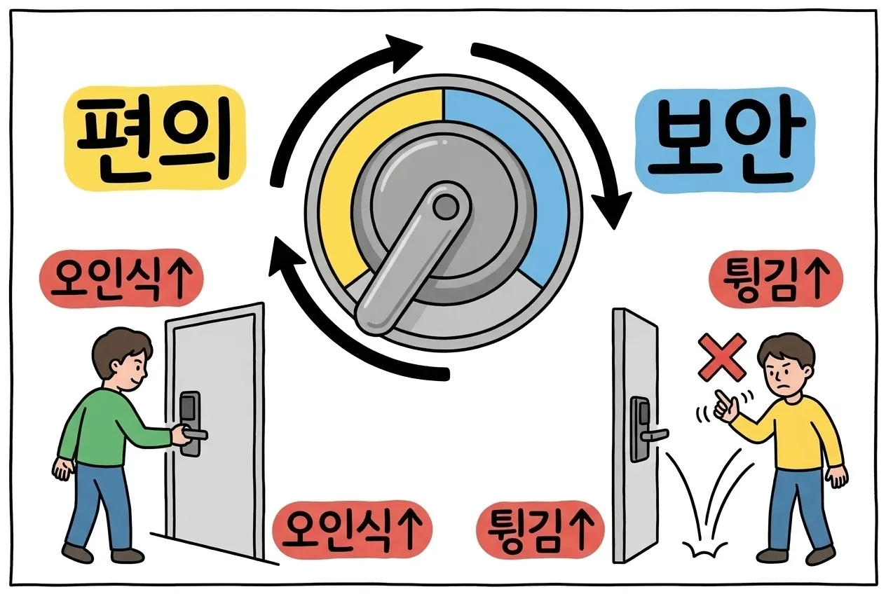 임계값 다이얼 하나를 편의 쪽으로 돌리면 오인식이 늘고 보안 쪽으로 돌리면 튕김이 느는 트레이드오프