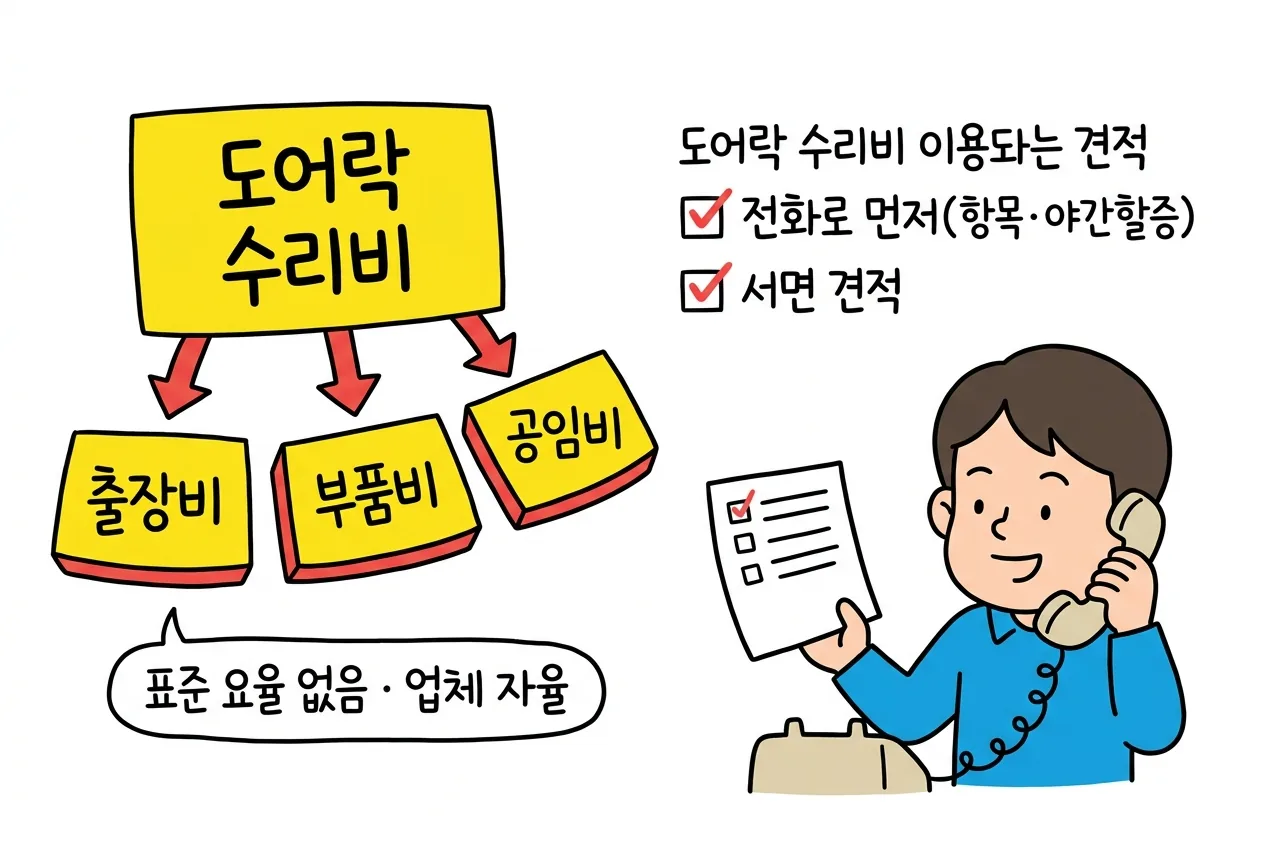 도어락 수리비가 출장비·부품비·공임비 세 항목으로 나뉘고 부르기 전 전화로 항목과 야간할증을 확인하고 서면 견적을 받는 과정을 보여주는 개념도